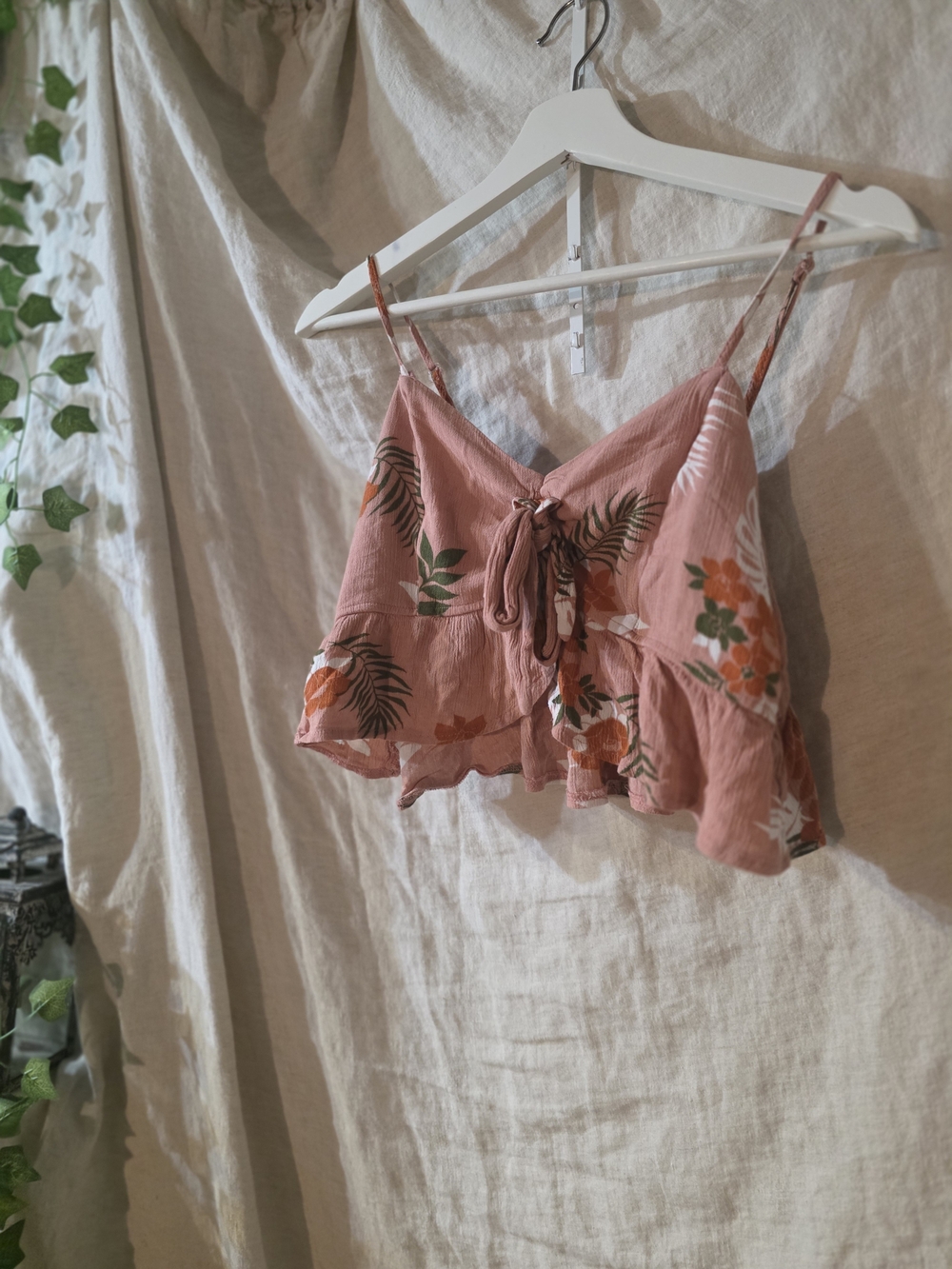 Pink Tropical Floral Tie Front Crop Top